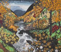 Greetings card of river lined by autumn trees and flower by Katie Allen.