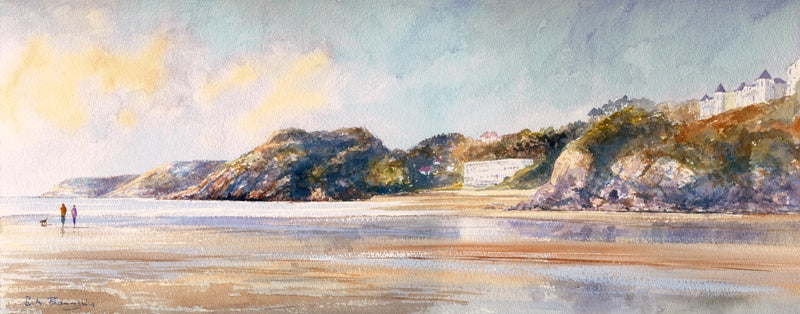 Limited edition print of Caswell Bay in September morning at low tide. 
