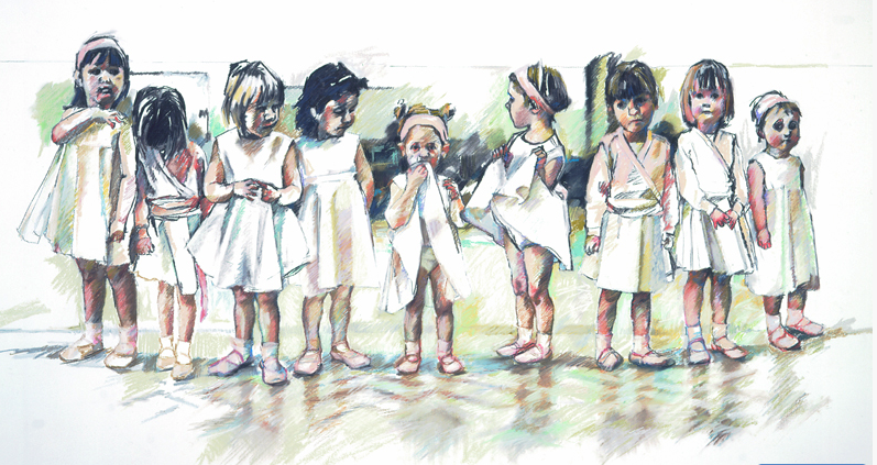 Limited edition print of a group of young girls lined up for their ballet class.