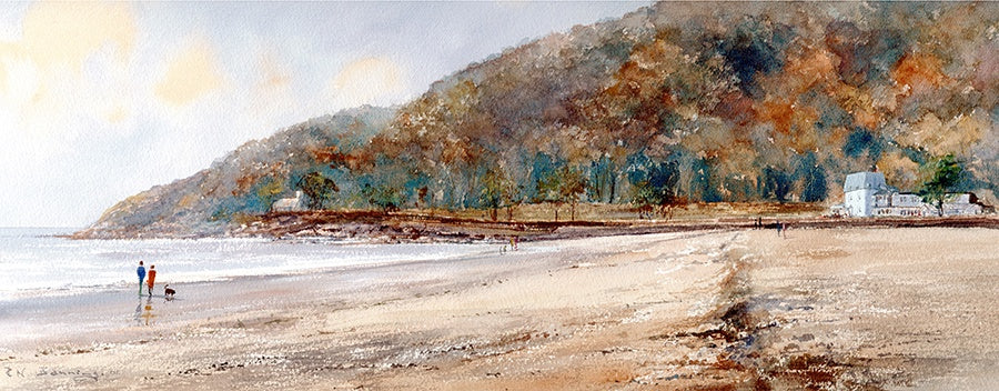 Oxwich Bay painted in watercolour by R N Banning showing the shoreline, Oxwixh woods the Oxwich Bay Hotel and St Iltyds Church.