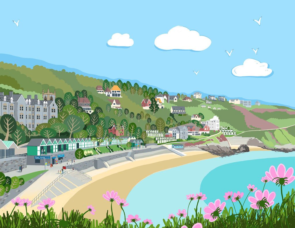 Langland Bay illustration giclee print with wildflowers in the foreground.
