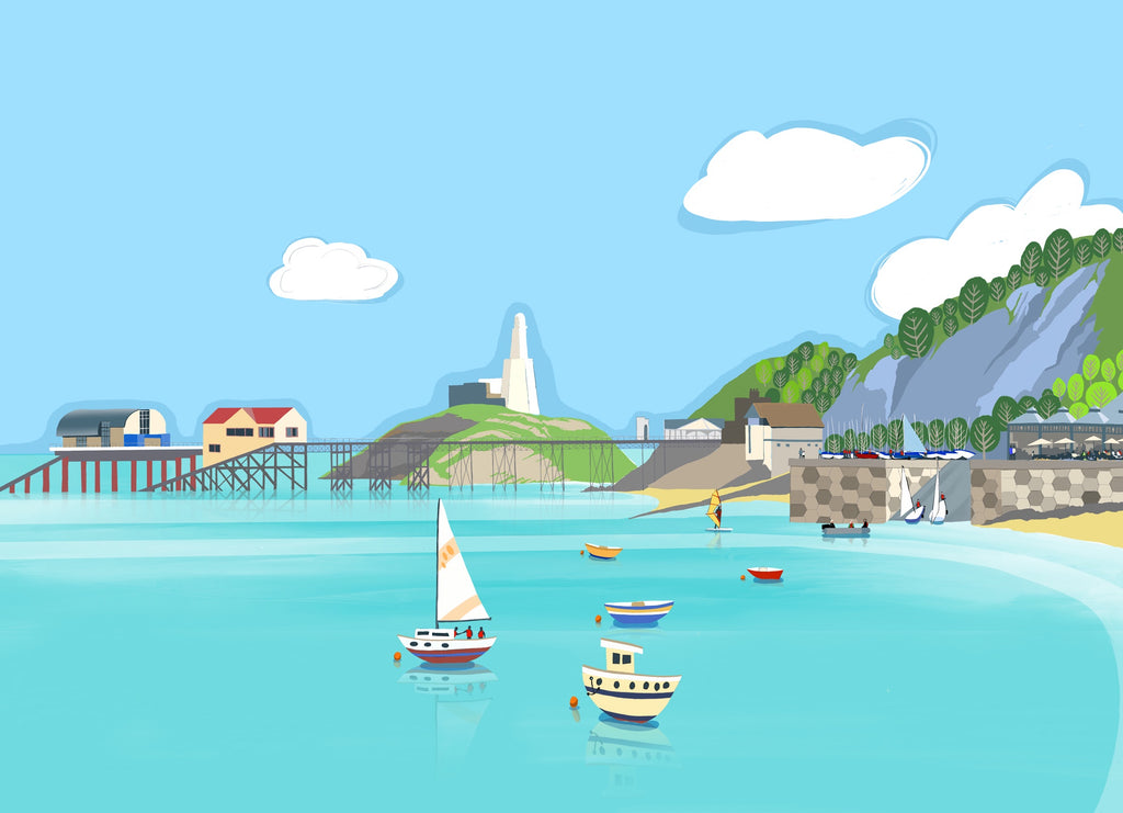 Giclee print of Mumbles Headland with boats in the foreground.