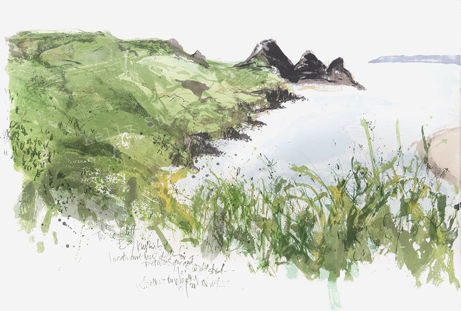 Screenprint of Three Cliffs Bay in green, pale blue and dark tones.