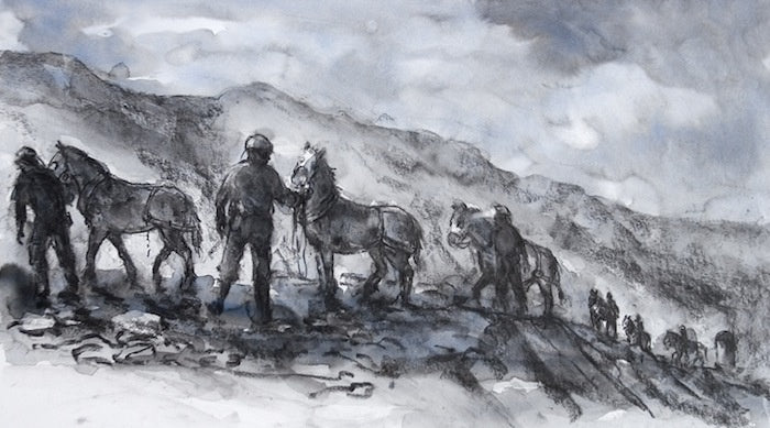 Charcoal sketch of men with horses in a line coming up a hillside.