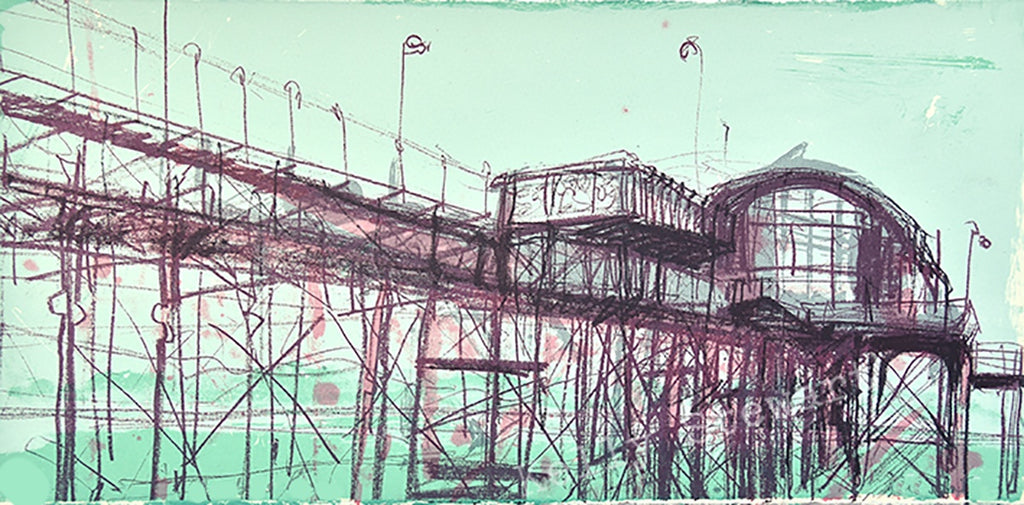 Screen print of Mumbles pier in green and purple.