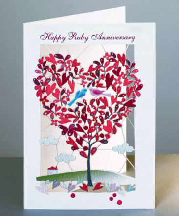 Happy Ruby Anniversary lasercut greetings card with red tree and two birds.