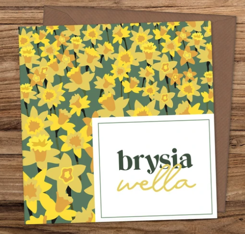 Get well soon card with daffodils and the message brysia wella.
