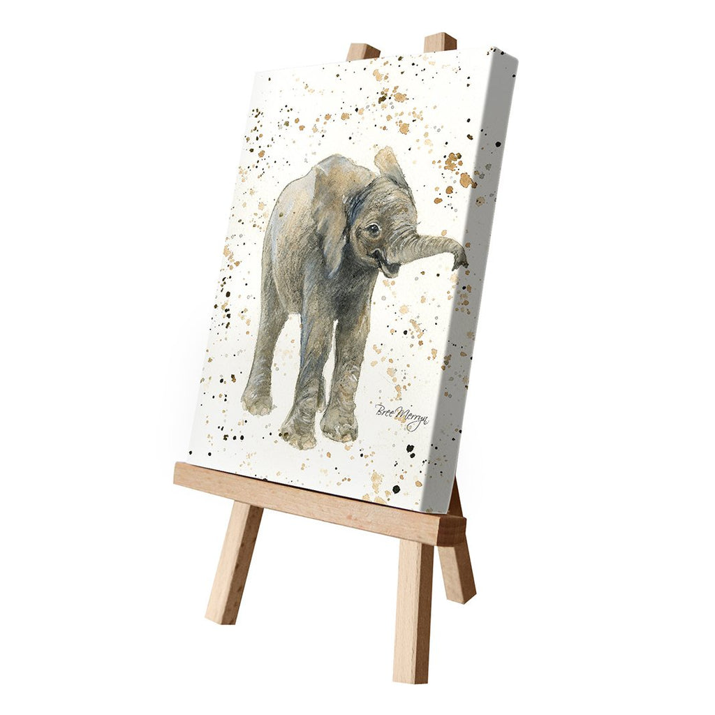 Canvas with brown paint splatters in the background and playful elephant in the foreground.