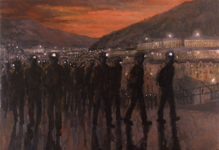 Print of miners leavng their shift and walking with headtorches on at night.