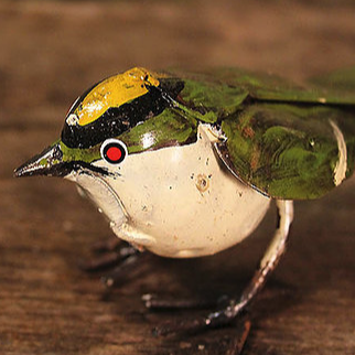 Metal bird ornament for the garden, handpainted fairtrade goldcrest.