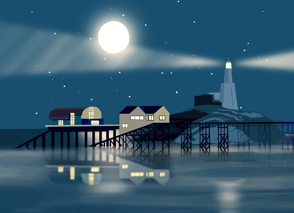 Giclee print of Mumbles lighthouse at night. 