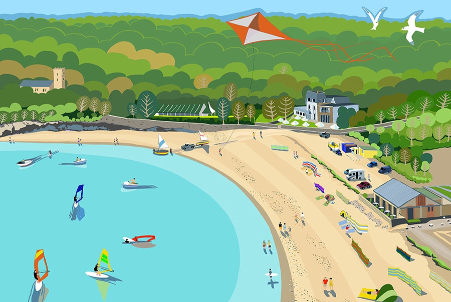 Giclee print with an illustration of Oxwich Bay. 