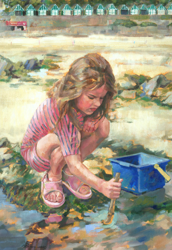 Limited edition print of a girl with a bucket and spade playing in a rockpool.
