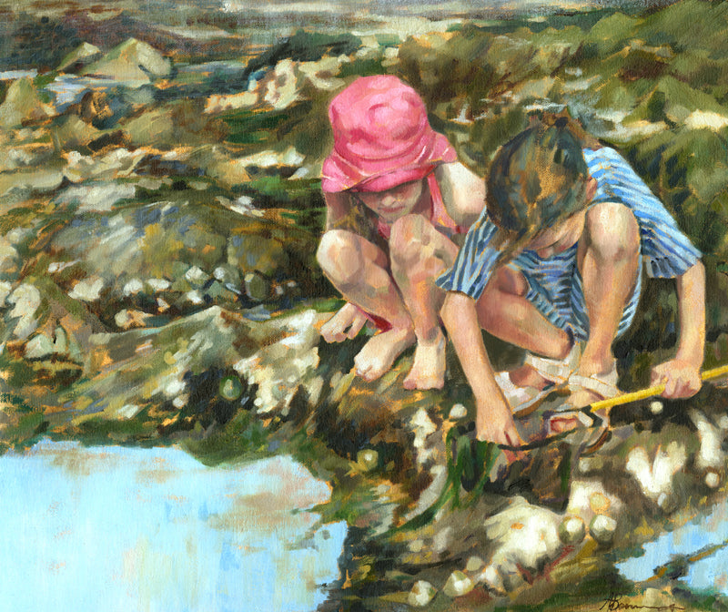 Limited edition print of two children playing in a rockpool with a fishing net.