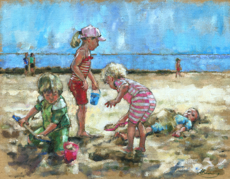 Oil painting of children playing on the beach on a summers day.