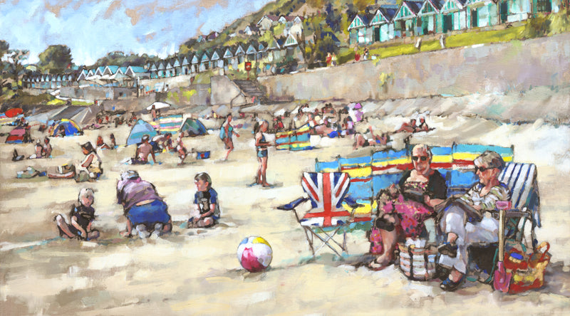 painting of figures on Langland Bay with the beach huts along the promenade behind them. A limited edition print by Welsh artist Arwen Banning.