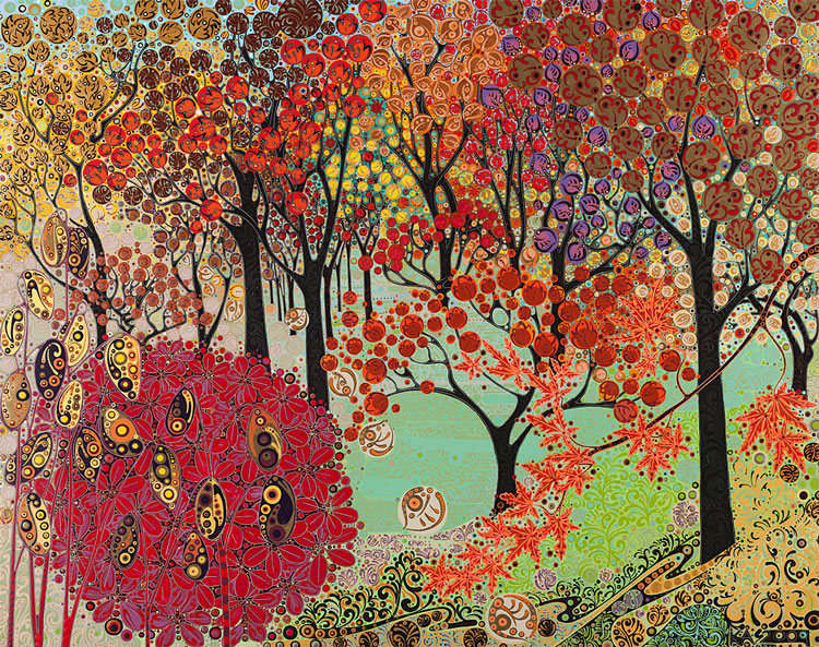 Print of autumn trees in vivid orange, red and yellow tones by Katie Allen.