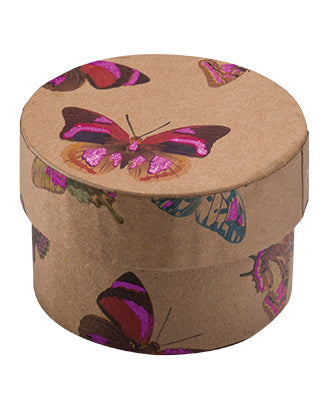 Small round gift box with butterfly design. 