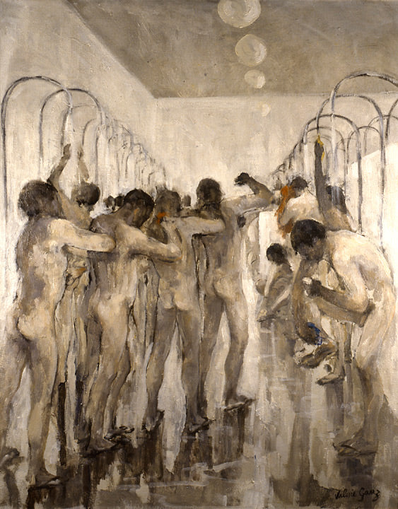 Print depicting a series of people helping one another wash in a communal shower.