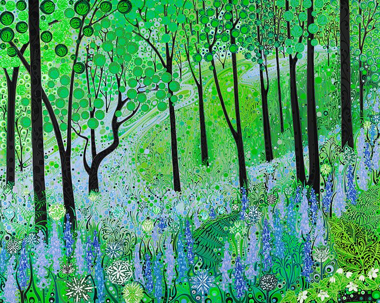 Print of an abstract bluebell woodland in green and violet.