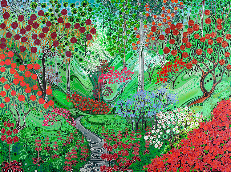Abstract print of a valley path with bright red and green foliage.