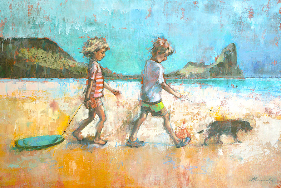 Oil painting print of two children walking a dog while pulling a surfboard.