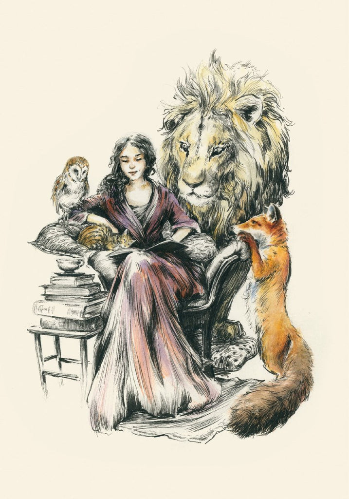Greetings card with an illustration of a lion, fox, owl and cat looking over a woman's shoulder while she reads.
