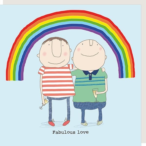 Greetings card of two men hugging, with a rainbow in the background and the caption "Fabulous Love".