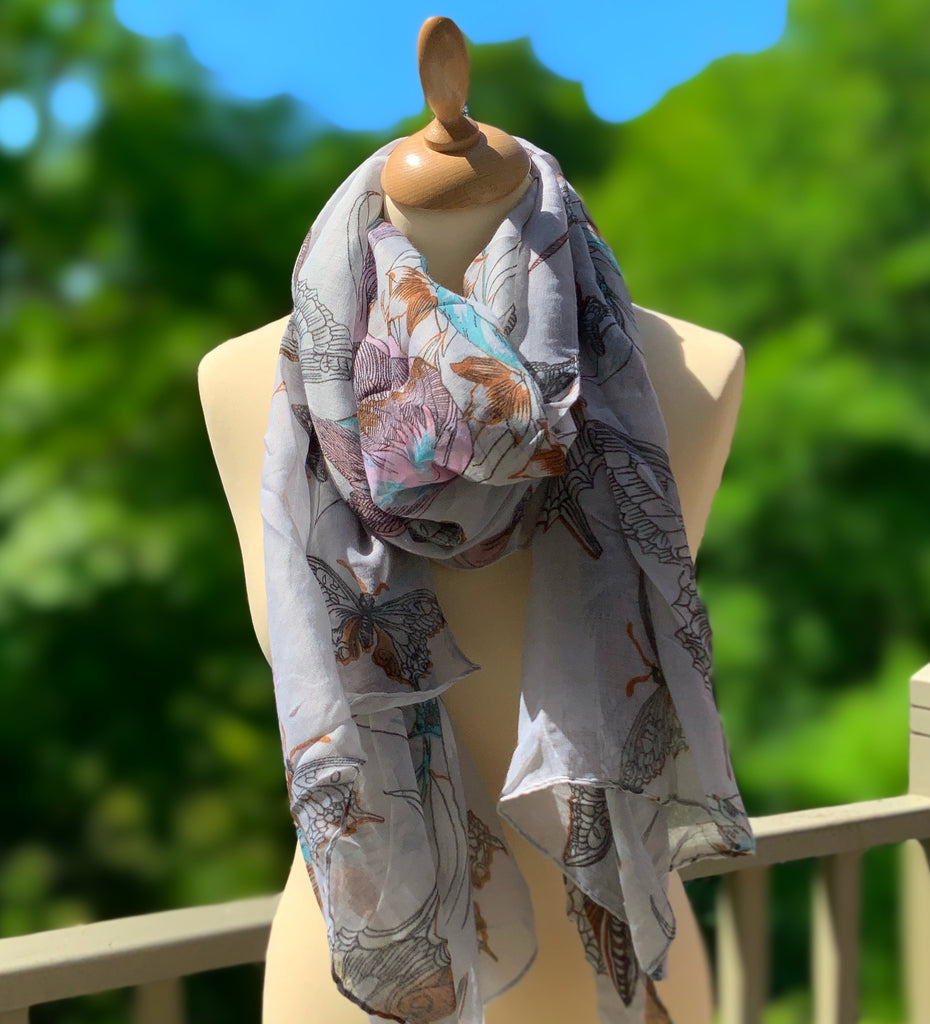 Pale grey butterfly print chiffon scarf