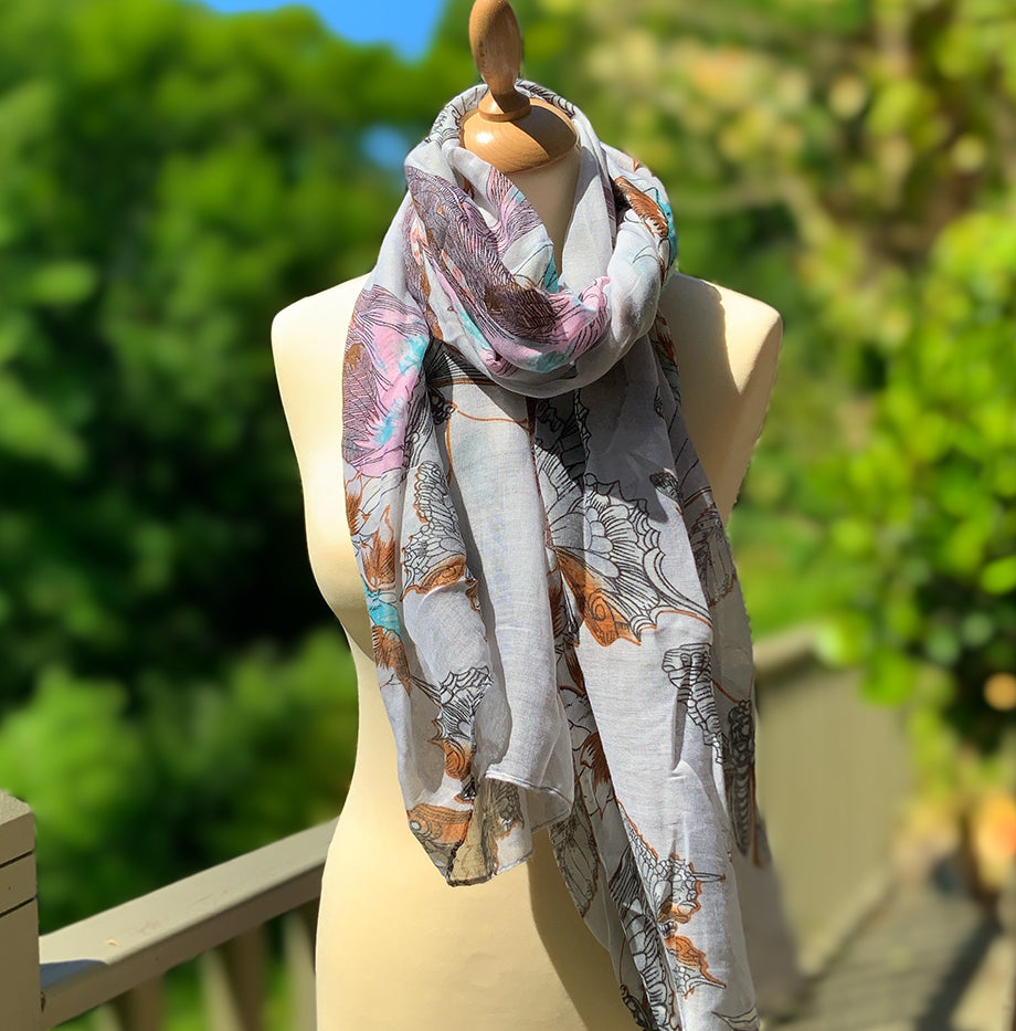 Pale grey butterfly print chiffon scarf