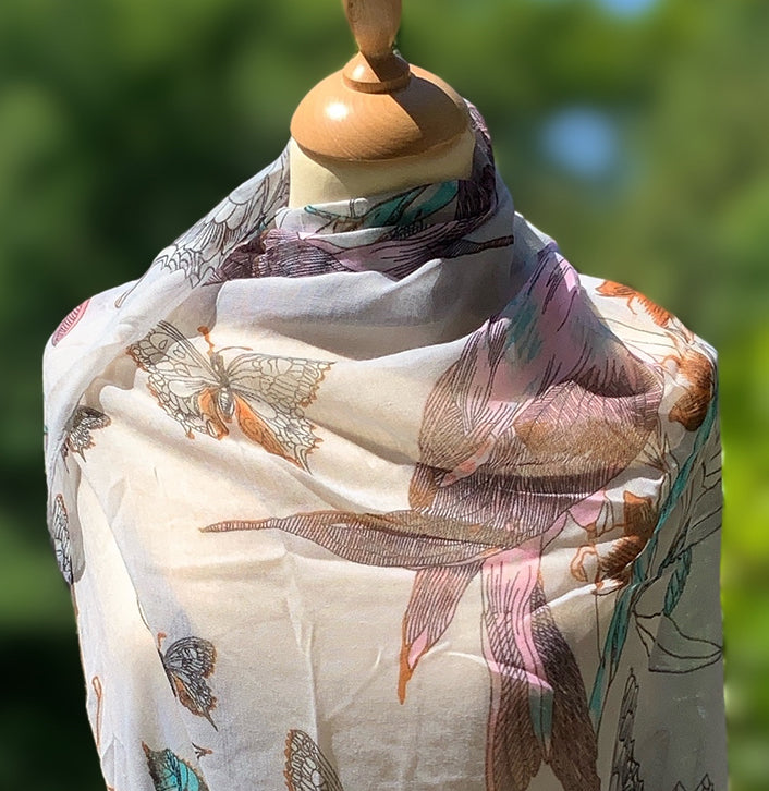 butterfly and bird design pale pastel pink and white scarf