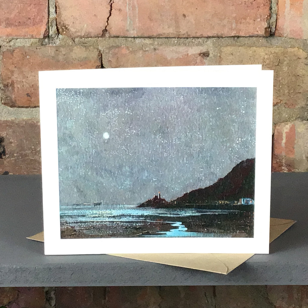 Greetings card of Mumbles Bay at night with full moon.