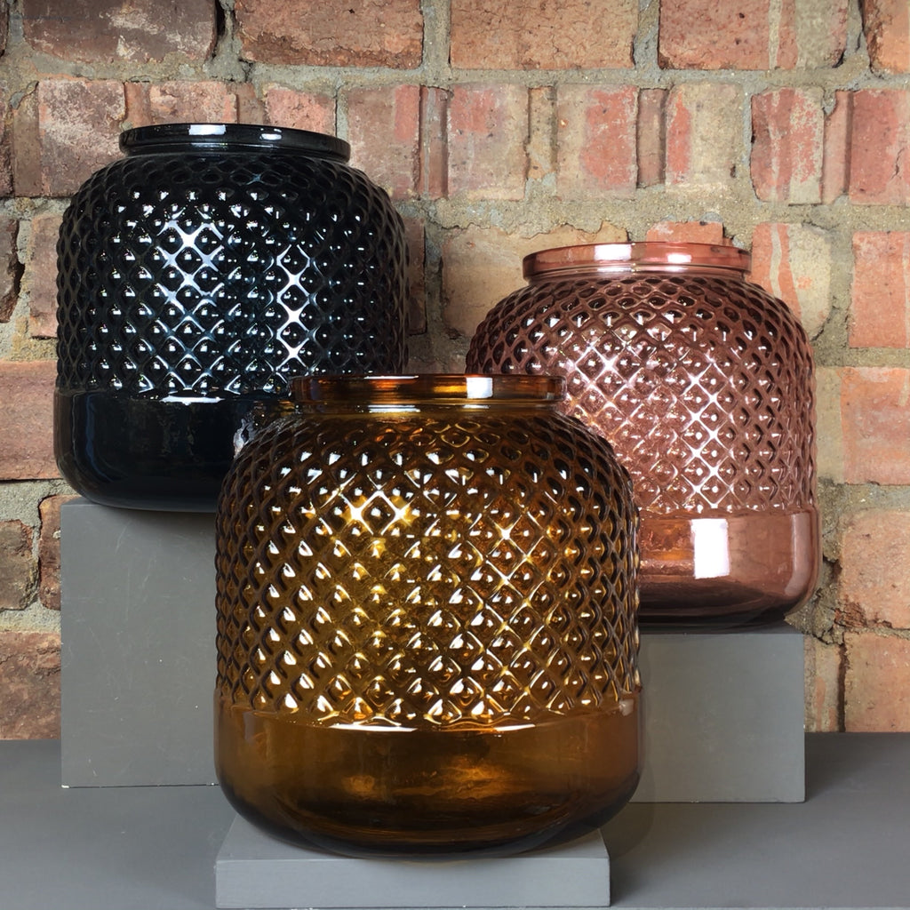 Recycled glass vase with diamante design available in amber, pink or blue.