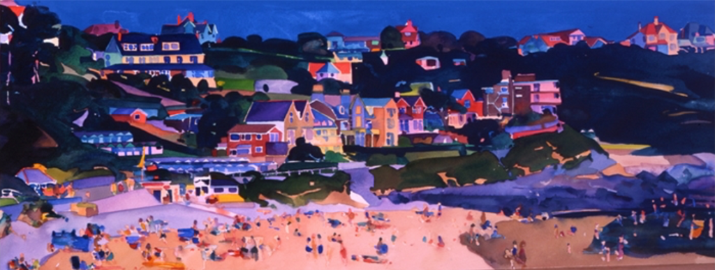 A brightly coloured painting of Langland Bay showing beach huts and sunbathers on the sand.
