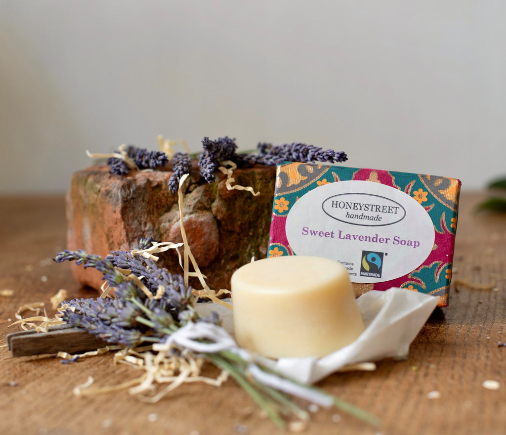 Fairtrade handmade soap bar in sweet lavender scent.