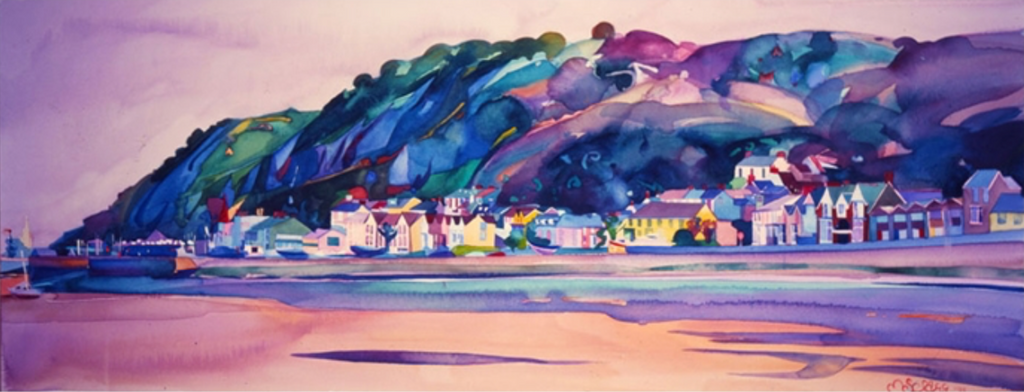 Sunrise over the village of Mumbles and the lighthouse by Gower artist Michelle Scragg
