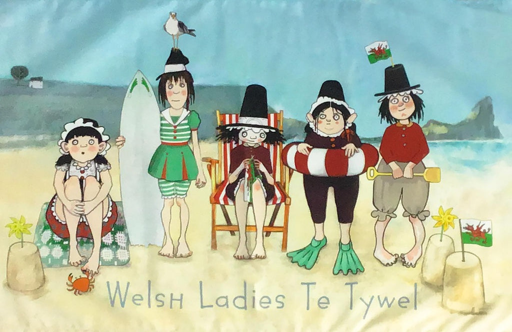 Tea towel illustrated with Welsh ladies on a day trip to Rhossili beach Gower.