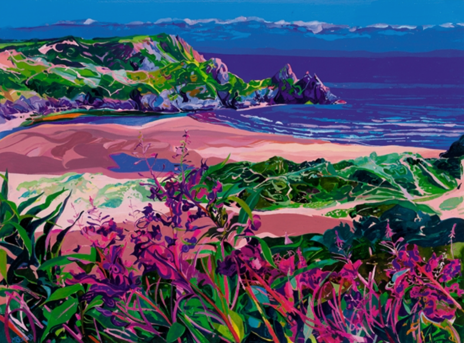 Three cliffs Bay, Gower painted in bright colours by artist Michelle Scragg