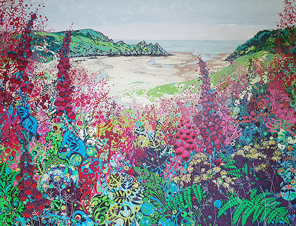 Greetings card with an abstract design of Three Cliffs Bay through brightly coloured wildflowers.