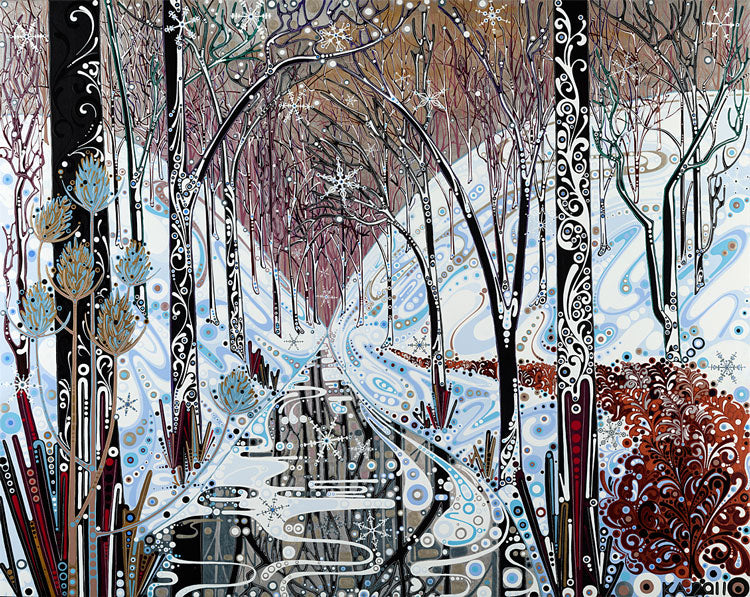 Greetings/Christmas card depicting a winter scene of an icy river, with snow either side of the valley and leaveless trees.