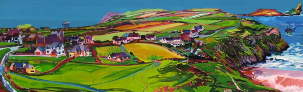 Print of Worm's Head Rhossili Bay painted in bright colours by Michelle Scragg.