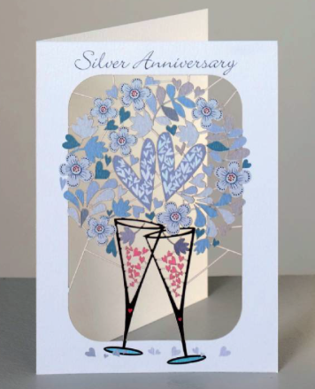 Anniversary greetings card of two glasses and hearts.