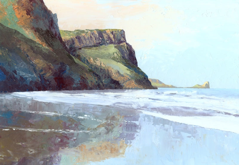Print of Rhossili Bay cliffs with an ebbing tide.