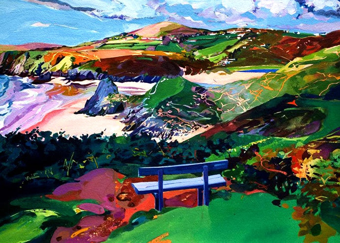Limited edition watercolour print of a bench overlooking Three Cliffs Bay