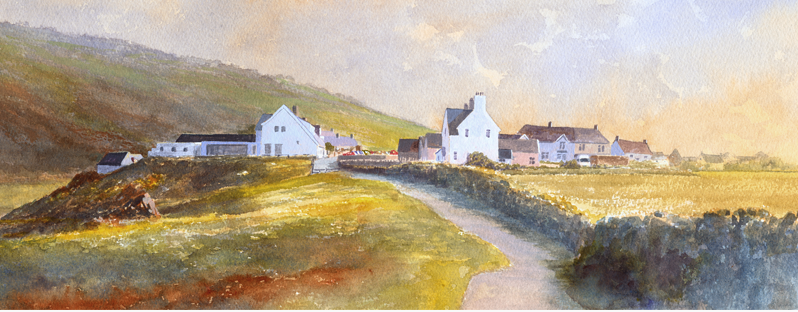 Print of Rhossili village at dawn by R N Banning.