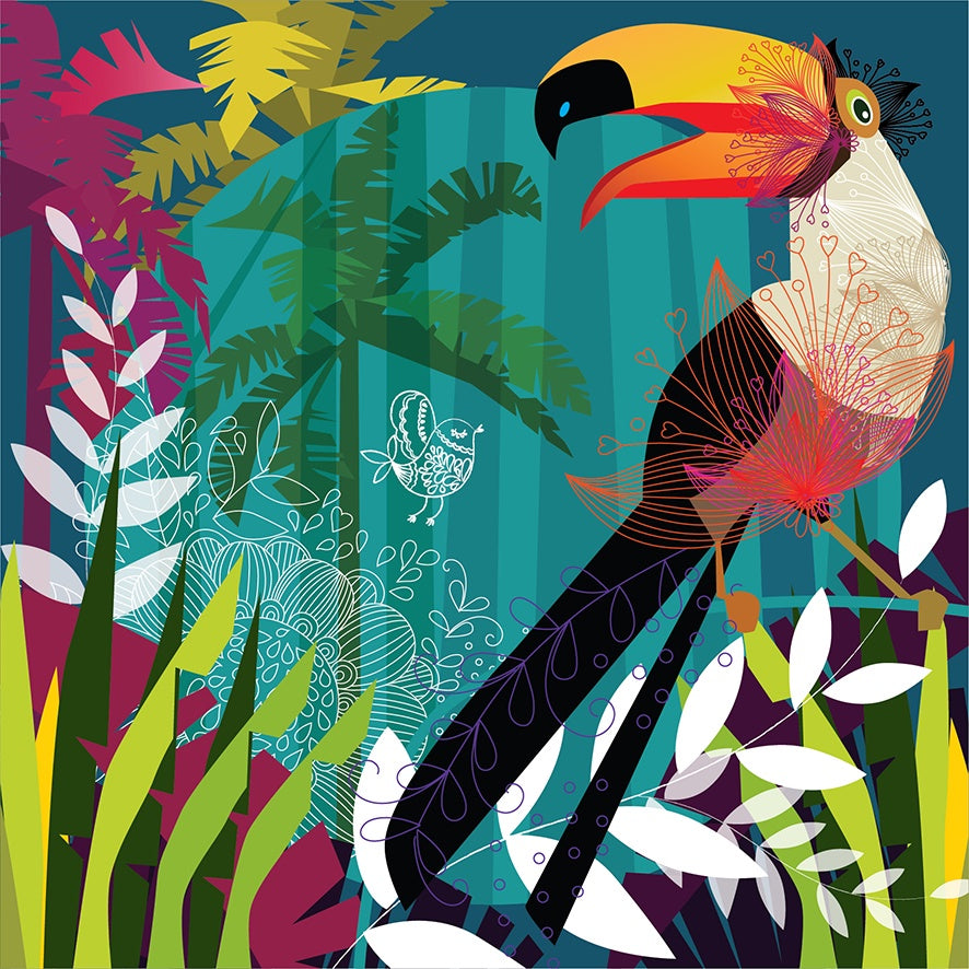 Greetings card with a Toucan and other flowers.