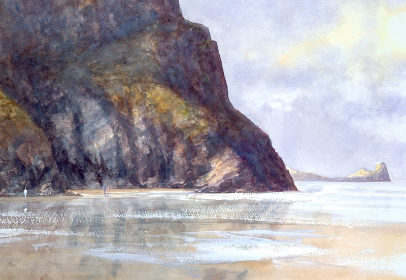 watercolour of the cliffs of Rhossili Bay and  Worm's Head. 