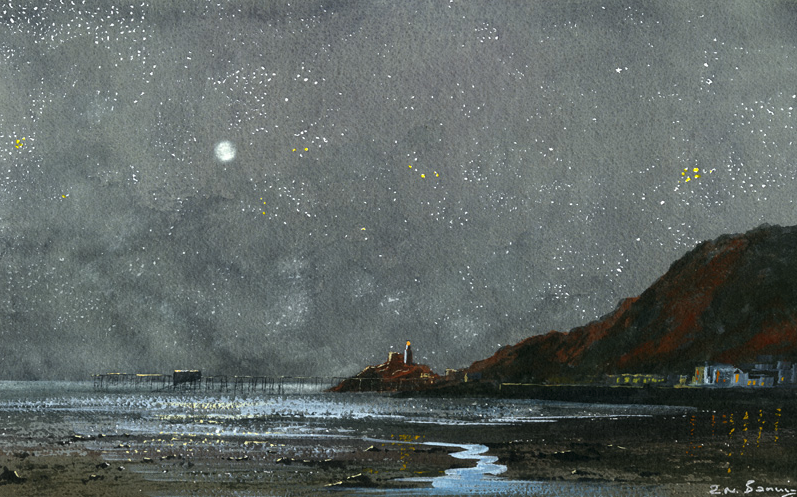 Limited edition print of Mumbles Bay at night with stars and full moon.
