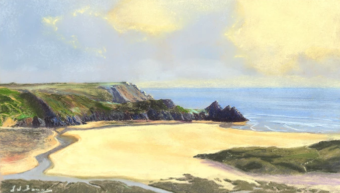 Print of Three Cliffs Bay on a sunny day and the tide out by R N Banning.