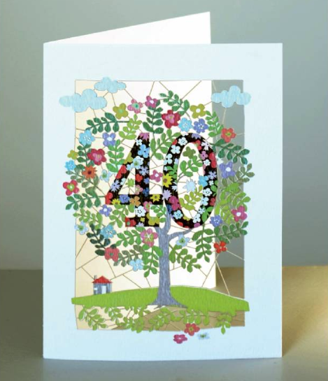 Fortieth birthday card with a flowery 40 in the branches of a brightly coloured lazercut tree,